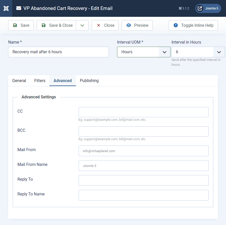 VP Abandoned Cart Recovery - Add or Edit Email - Advanced