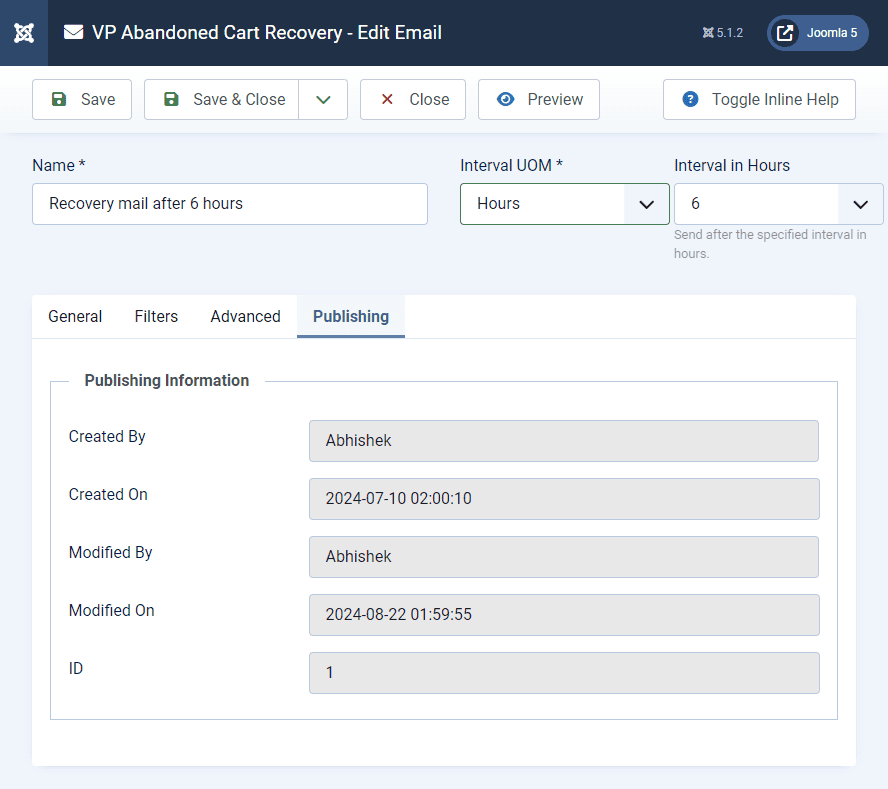 VP Abandoned Cart Recovery - Add or Edit Email - Publishing